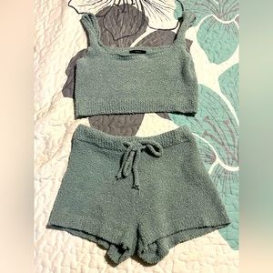• Forever 21 Sweater Knit Crop Top and Drawstring Shorts Set Mint Blue